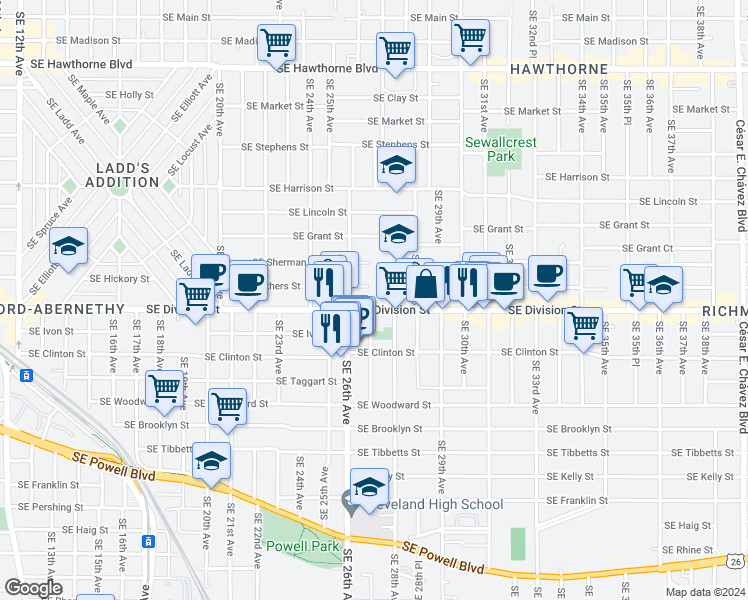 map of restaurants, bars, coffee shops, grocery stores, and more near 2636 Southeast Caruthers Street in Portland