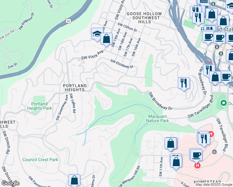 map of restaurants, bars, coffee shops, grocery stores, and more near 2622 Southwest Davenport Court in Portland
