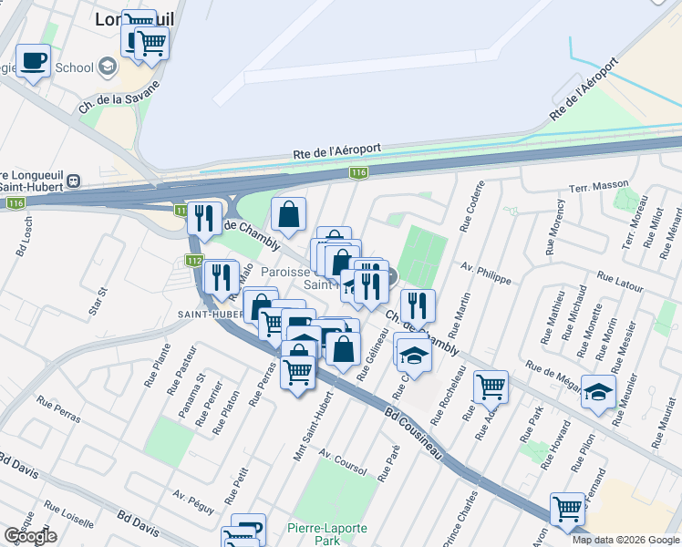 map of restaurants, bars, coffee shops, grocery stores, and more near 5270 Chemin de Chambly in Longueuil