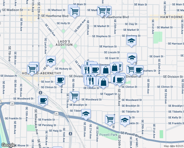 map of restaurants, bars, coffee shops, grocery stores, and more near 2025 Southeast Caruthers Street in Portland