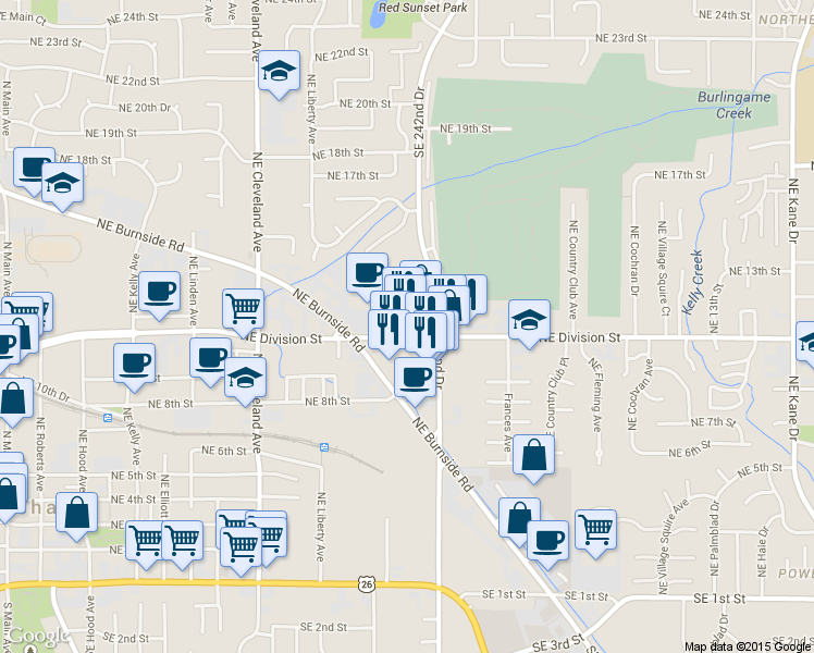 map of restaurants, bars, coffee shops, grocery stores, and more near 1655 Northeast Division Street in Gresham