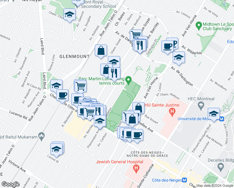 map of restaurants, bars, coffee shops, grocery stores, and more near 3235 Avenue Appleton in Montréal