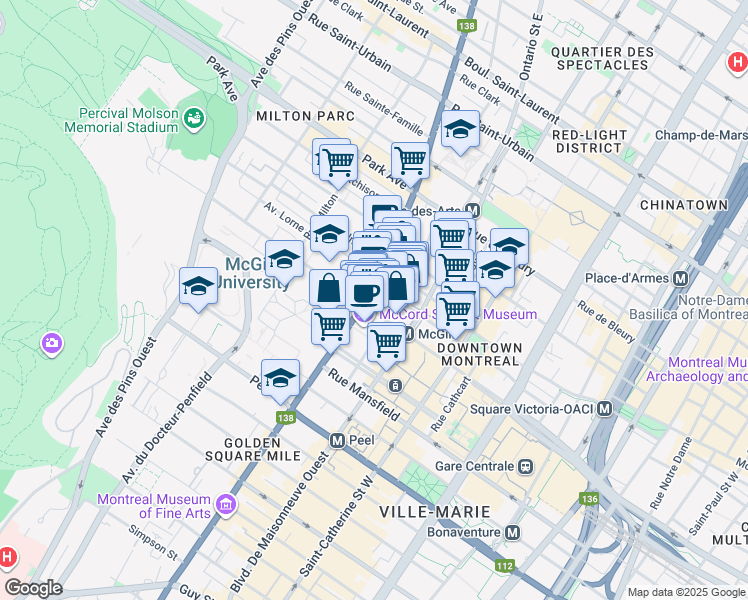 map of restaurants, bars, coffee shops, grocery stores, and more near in Montreal