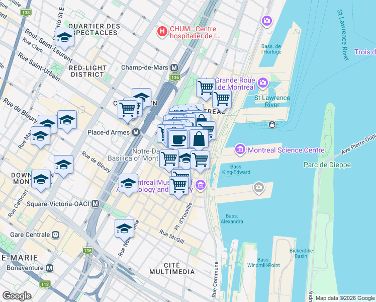 map of restaurants, bars, coffee shops, grocery stores, and more near 60 Rue de Brésoles in Montréal
