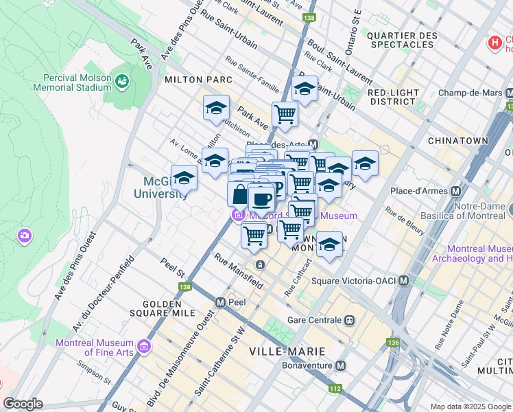 map of restaurants, bars, coffee shops, grocery stores, and more near in Montreal