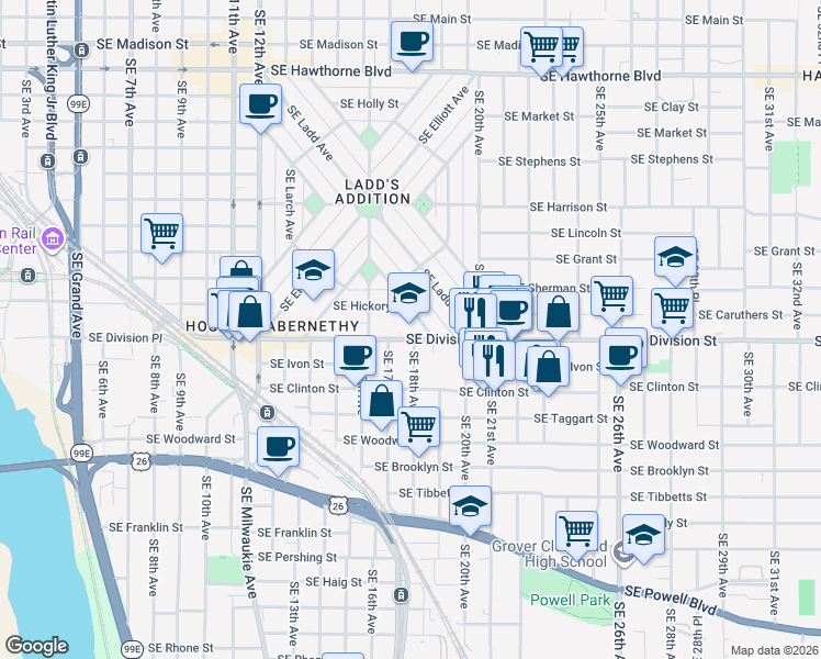 map of restaurants, bars, coffee shops, grocery stores, and more near 2408 Southeast 16th Avenue in Portland