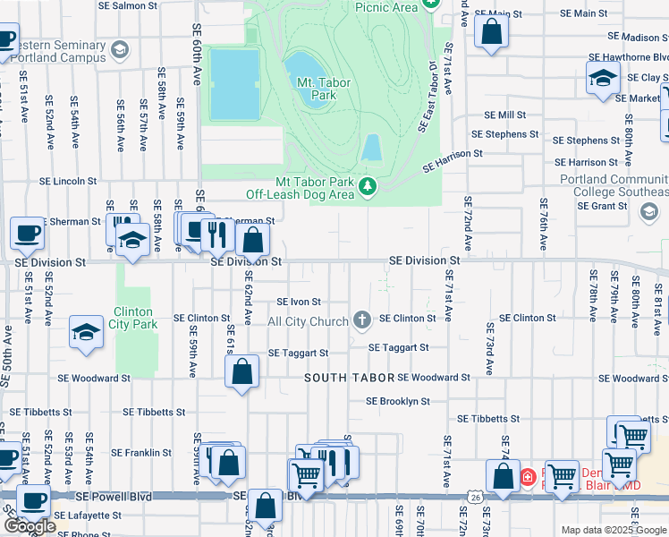 map of restaurants, bars, coffee shops, grocery stores, and more near 6600 Southeast Division Street in Portland