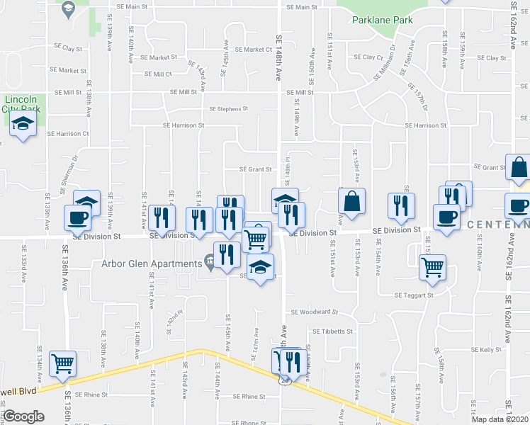 map of restaurants, bars, coffee shops, grocery stores, and more near 14711 SE Caruthers St in Portland