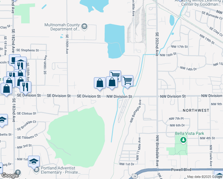 map of restaurants, bars, coffee shops, grocery stores, and more near 2925 Northwest Division Street in Gresham
