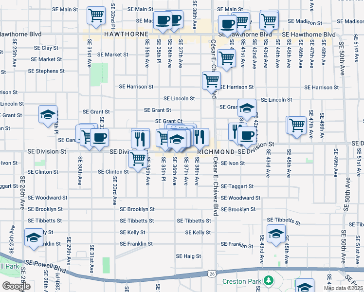 map of restaurants, bars, coffee shops, grocery stores, and more near in Portland