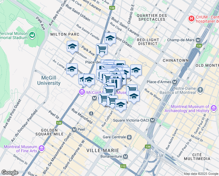 map of restaurants, bars, coffee shops, grocery stores, and more near in Montreal