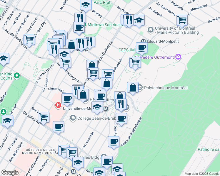map of restaurants, bars, coffee shops, grocery stores, and more near 2711 Boulevard Edouard-Montpetit in Montréal