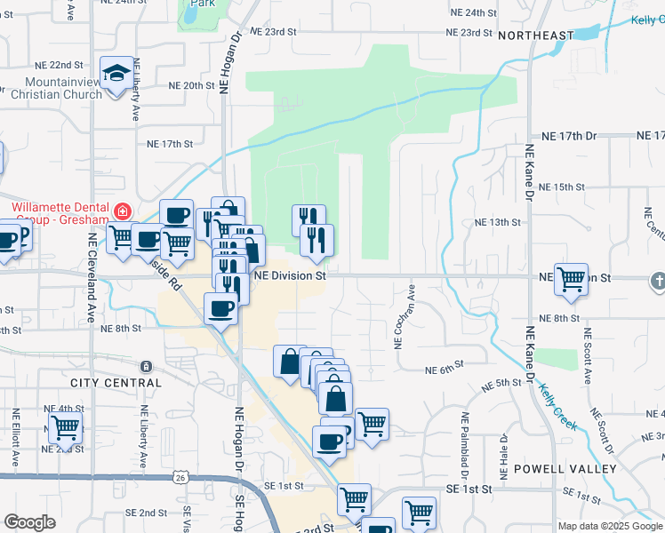 map of restaurants, bars, coffee shops, grocery stores, and more near 1145 Northeast Country Club Avenue in Gresham
