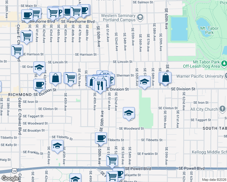 map of restaurants, bars, coffee shops, grocery stores, and more near 2374 Southeast 51st Avenue in Portland