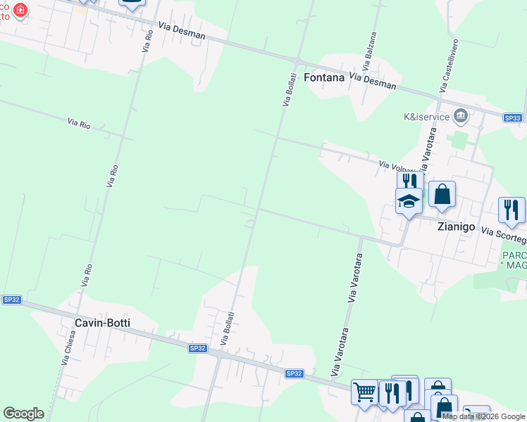 map of restaurants, bars, coffee shops, grocery stores, and more near 24A Via Bollati in Città Metropolitana di Venezia