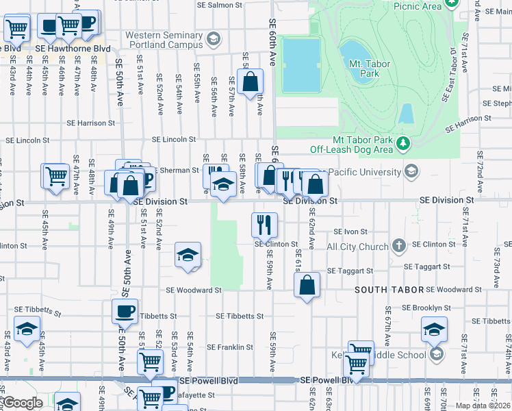 map of restaurants, bars, coffee shops, grocery stores, and more near 2412 Southeast 58th Avenue in Portland