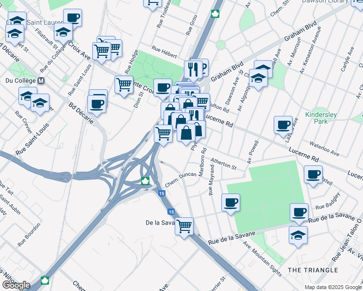 map of restaurants, bars, coffee shops, grocery stores, and more near 865 Plymouth Avenue in Mount Royal