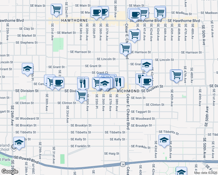 map of restaurants, bars, coffee shops, grocery stores, and more near 2450 Southeast 37th Avenue in Portland