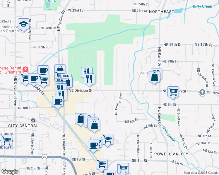 map of restaurants, bars, coffee shops, grocery stores, and more near 2425 Northeast Division Street in Gresham