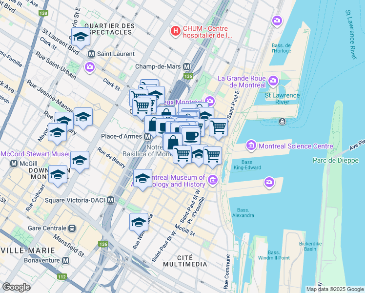map of restaurants, bars, coffee shops, grocery stores, and more near in Montreal