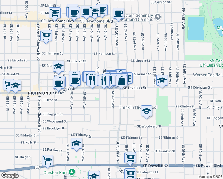 map of restaurants, bars, coffee shops, grocery stores, and more near 4846 Southeast Division Street in Portland