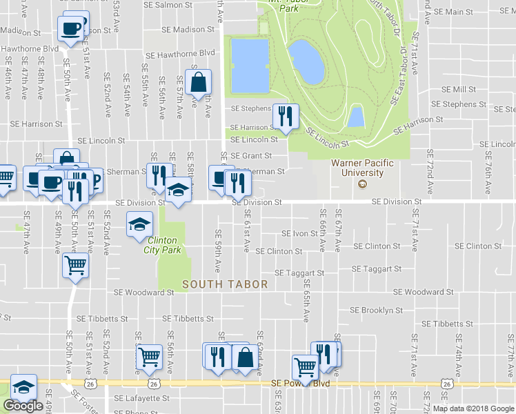 map of restaurants, bars, coffee shops, grocery stores, and more near 6130 Southeast Division Street in Portland