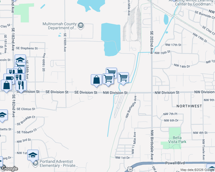 map of restaurants, bars, coffee shops, grocery stores, and more near 2925 NW Division St in Gresham