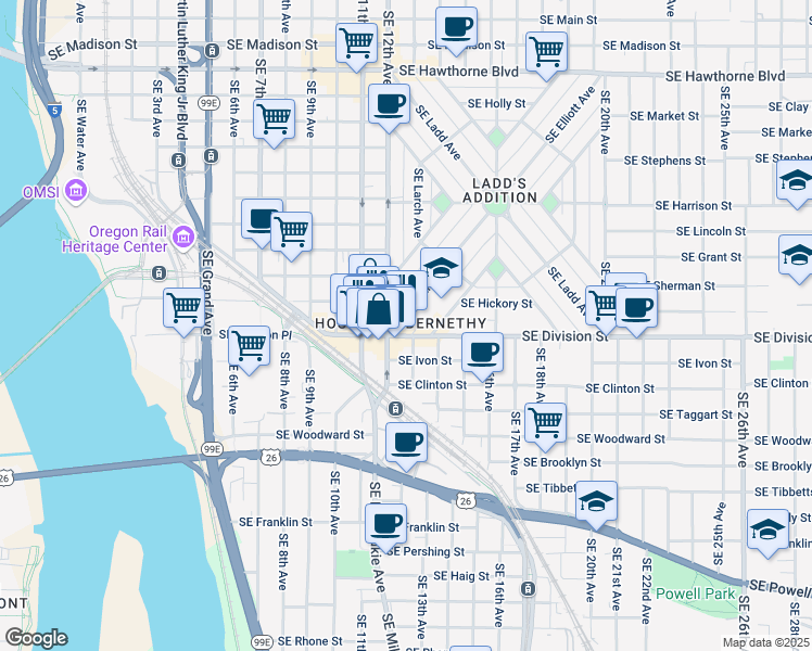 map of restaurants, bars, coffee shops, grocery stores, and more near in Portland