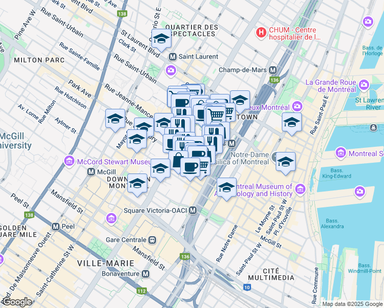 map of restaurants, bars, coffee shops, grocery stores, and more near 1088 Rue Anderson in Montréal