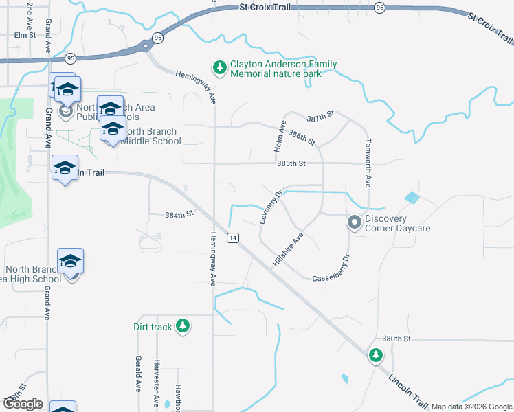 map of restaurants, bars, coffee shops, grocery stores, and more near 7366 384th Court in North Branch