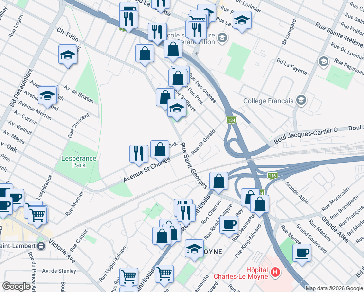 map of restaurants, bars, coffee shops, grocery stores, and more near 214 Rue Saint-Georges in Saint-Lambert