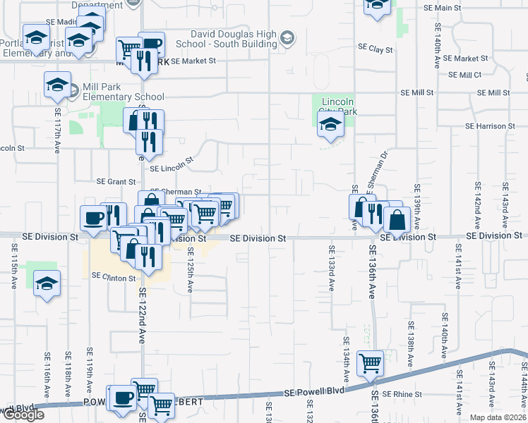 map of restaurants, bars, coffee shops, grocery stores, and more near 2305 Southeast 130th Avenue in Portland