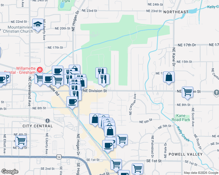 map of restaurants, bars, coffee shops, grocery stores, and more near 2275 Northeast Division Street in Gresham