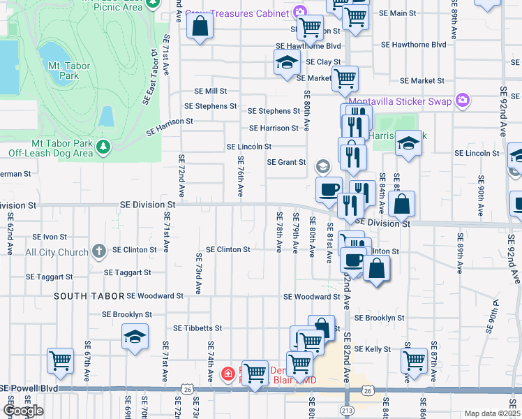 map of restaurants, bars, coffee shops, grocery stores, and more near 7645 Southeast Division Street in Portland
