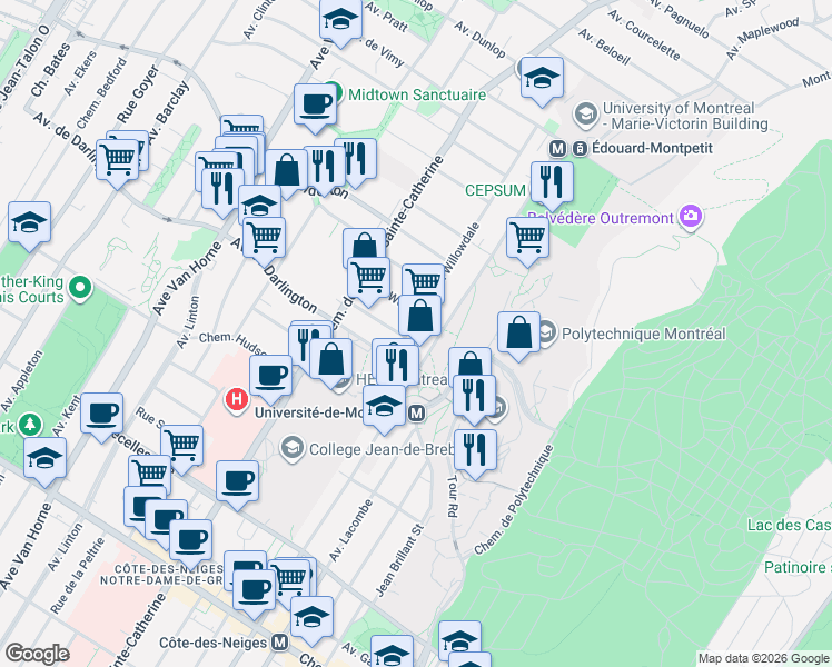 map of restaurants, bars, coffee shops, grocery stores, and more near 430 Avenue Willowdale in Montréal