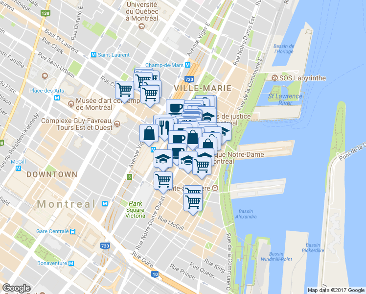 map of restaurants, bars, coffee shops, grocery stores, and more near 507 Place d'Armes in Montreal
