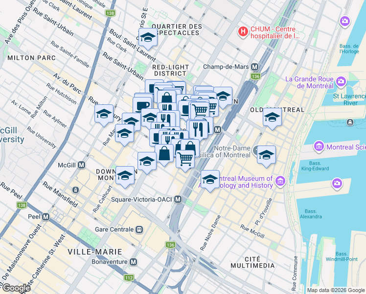 map of restaurants, bars, coffee shops, grocery stores, and more near 1055 Rue Anderson in Montrã©Al