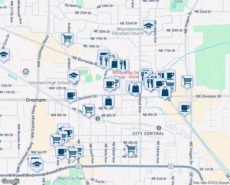 map of restaurants, bars, coffee shops, grocery stores, and more near 555 Northeast Division Street in Gresham