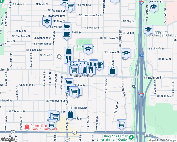 map of restaurants, bars, coffee shops, grocery stores, and more near 2432 Southeast 85th Avenue in Portland
