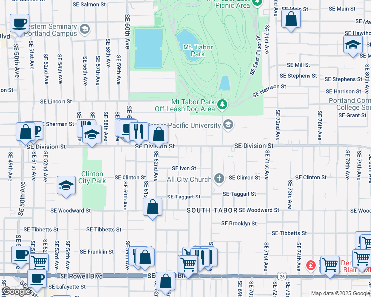 map of restaurants, bars, coffee shops, grocery stores, and more near 6437 Southeast Division Street in Portland