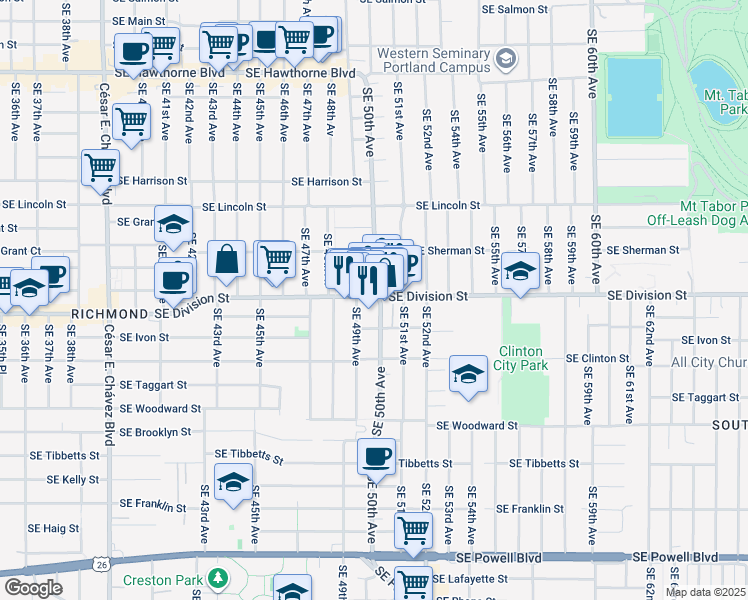 map of restaurants, bars, coffee shops, grocery stores, and more near 2424 Southeast 49th Avenue in Portland