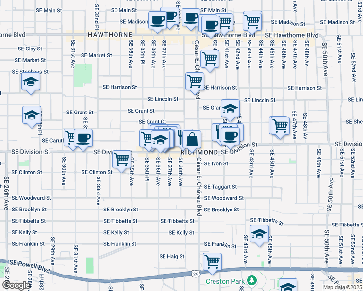 map of restaurants, bars, coffee shops, grocery stores, and more near 2346 Southeast 38th Avenue in Portland