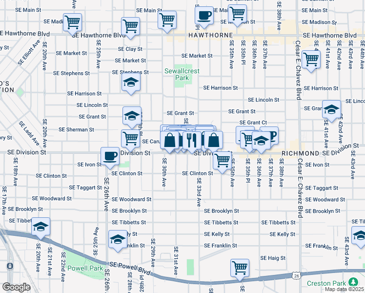 map of restaurants, bars, coffee shops, grocery stores, and more near 3211 Southeast Caruthers Street in Portland