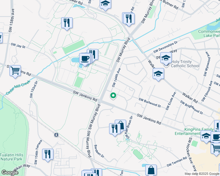 map of restaurants, bars, coffee shops, grocery stores, and more near 14380 Southwest Burlwood Street in Beaverton