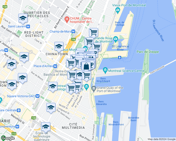 map of restaurants, bars, coffee shops, grocery stores, and more near 20 Rue Saint-Paul Ouest in Montréal