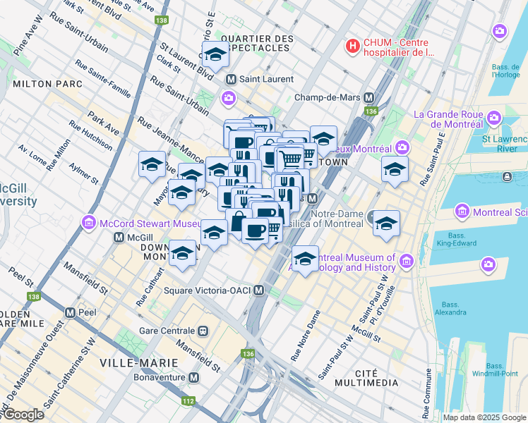 map of restaurants, bars, coffee shops, grocery stores, and more near 1055 Rue Anderson in Montrã©Al