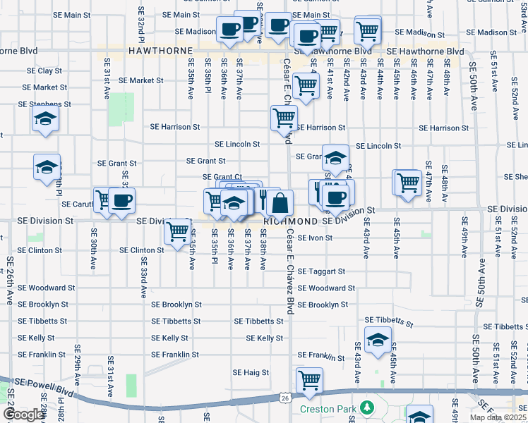 map of restaurants, bars, coffee shops, grocery stores, and more near 2346 Southeast 38th Avenue in Portland