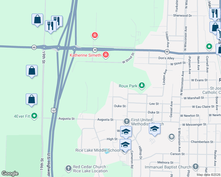 map of restaurants, bars, coffee shops, grocery stores, and more near 340 Gerland Road in Rice Lake