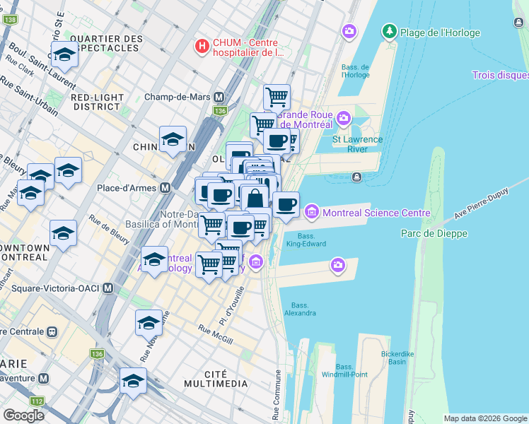 map of restaurants, bars, coffee shops, grocery stores, and more near 20 Rue Saint-Paul Ouest in Montréal
