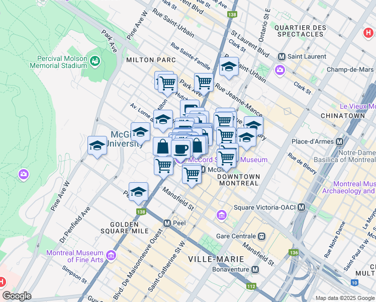 map of restaurants, bars, coffee shops, grocery stores, and more near 2090 Avenue Union in Montréal